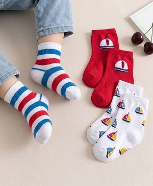 Cute Walk by Babyhug Non Terry Knit Ankle Length Anti Bacterial Socks With Stripes & Boat Design Pack of 3 - Red Blue & White