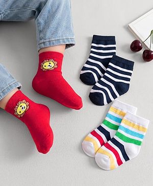 Cute Walk by Babyhug Non Terry Knit Ankle Length Anti Bacterial Striped & Lion Designed Socks Pack of 3 - Multicolor