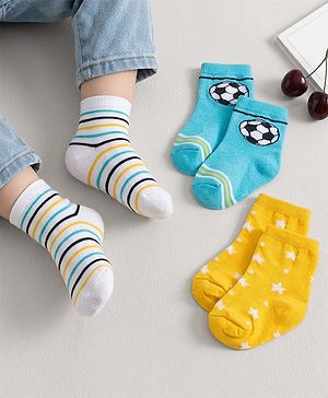 Cute Walk by Babyhug Ankle Length Anti Bacterial Socks with Star & Foot Ball Design Pack of 3 - Yellow Blue & White