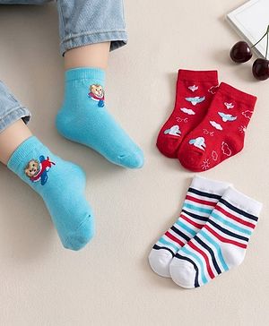 Cute Walk by Babyhug Ankle Length Anti Bacterial Socks with Lion & Airplane Design Pack of 3 - Red  Blue & White