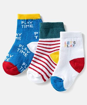 Cute Walk by Babyhug Ankle Length Anti Bacterial Socks with Text Design Pack of 3 -  Blue & White