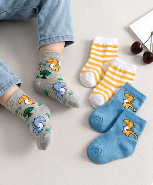 Cute Walk by Babyhug Non Terry Knit Ankle Length Anti Bacterial Striped & Dino Designed Socks Pack of 3 - Multicolor