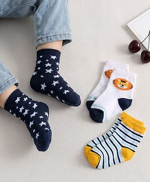 Cute Walk by Babyhug Non Terry Knit Ankle Length Anti Bacterial Striped & Lion Designed Socks Pack of 3 - Multicolor