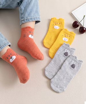 Cute Walk by Babyhug Non Terry Cotton Knit Ankle Length Anti Bacterial Socks With Animal Design Pack Of 3 - Multicolour