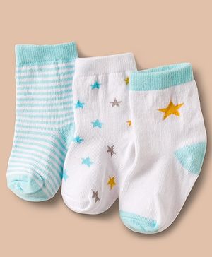 Cute Walk by Babyhug Non Terry Cotton Knit Ankle Length Anti Bacterial Socks With Stripes & Stars Design Pack Of 3 - Multicolour