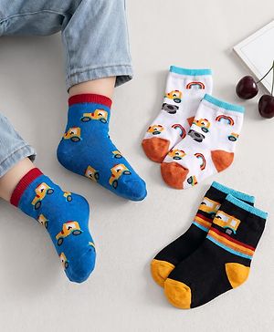 Cute Walk by Babyhug Non Terry Cotton Knit Ankle Length Anti Bacterial Socks With Vehicles Design Pack Of 3 - Multicolour