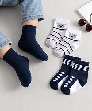 Cute Walk by Babyhug Non Terry Knit Ankle Length Anti Bacterial Striped & Bear Designed Socks Pack of 3 - Multicolor