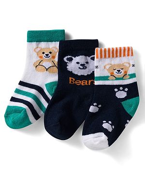 Cute Walk by Babyhug Non Terry Knit Ankle Length Anti Bacterial Socks With Stripes & Animal Design Pack of 3 - Green Navy Blue & White