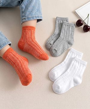 Cute Walk by Babyhug Non Terry Knit Ankle Length Anti Bacterial Solid Socks Pack of 3 - Grey Orange & White