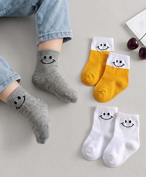 Cute Walk by Babyhug Non Terry Knit Ankle Length Anti Bacterial Socks With Smiley Design Pack of 3 - Yellow Grey & White