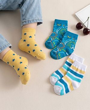 Cute Walk by Babyhug Non Terry Knit Ankle Length Anti Bacterial Socks With Stripes & Star Design Pack of 3 - Yellow Blue & White