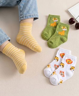 Cute Walk by Babyhug Non Terry Knit Ankle Length Anti Bacterial Striped & Animal Designed Socks Pack of 3 - Multicolor