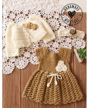 Woonie Hand Knitted Full Sleeves
                                  Floral Designed Dress With Shrug &
                                  Headband - Beige