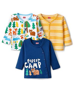 Babyhug 100% Cotton Knit Full Sleeves Striped Jhablas with Jungle Theme Print Pack of 3 - Navy Blue Yellow & White