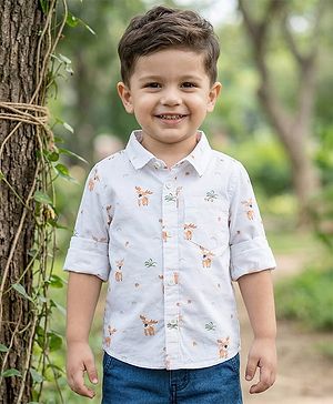 Babyhug Cotton Woven Full Sleeves Deer Printed Shirt - White