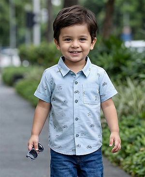 Babyhug Cotton Woven Half Sleeves Vehicle Printed Shirt - Blue