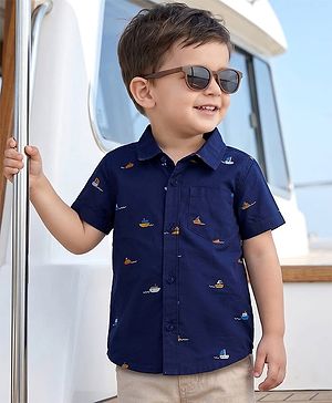 Babyhug Cotton Woven Half Sleeves Ship Printed Shirt - Navy Blue