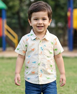 Babyhug Cotton Woven Half Sleeves Dino Printed Shirt - White