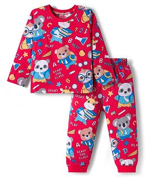 Babyhug Cotton Knit Full Sleeves Co-ord Night Suit With Animal Print - Red