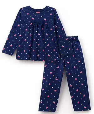 Babyhug Cotton Knit Full Sleeves
                              Co-ord Night Suit With Polka Dot Print
                              & Bow Applique - Navy Blue