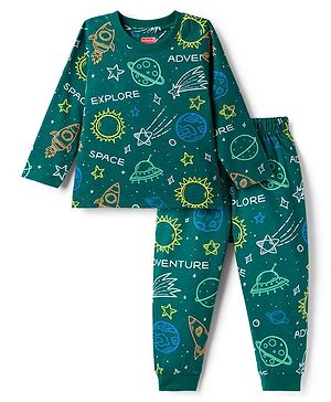 Babyhug Cotton Knit Full Sleeves Co-ords Night Suit With Space Theme Print - Dark Green