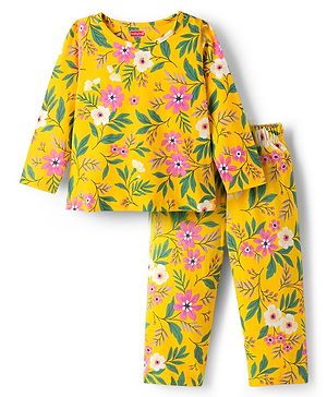 Babyhug Cotton Knit Full Sleeves Co-ord Night Suit With Floral Print - Yellow