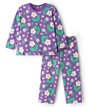 Babyhug Cotton Knit Full Sleeves Co-ord Night Suit With Floral Print - Purple