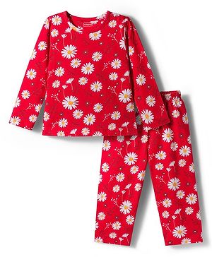 Babyhug Cotton Knit Full Sleeves Co-Ord Night Suit with Floral Print - Red