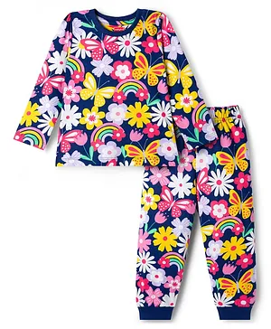 Babyhug Cotton Knit Full Sleeves
                              Co-ord Night Suit With Floral Print - Navy
                              Blue