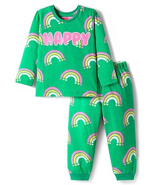Babyhug Cotton Knit Full Sleeves Co-ord Night Suit With Rainbow Print - Green
