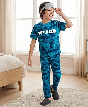 Pine Kids Cotton Knit Half Sleeves Night Suit With Super Cool Print - Blue