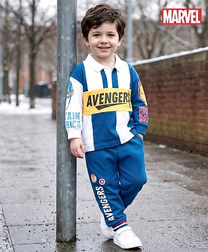 Babyhug Marvel Terry Knit Full Sleeves Cut & Sew Polo Sweatshirt & Track Pant Set with Avengers Graphic - Blue