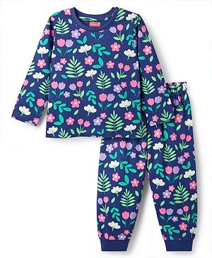 Babyhug Cotton Knit Full Sleeves Co-Ord Night Suit with Floral Print - Navy Blue