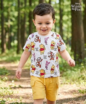 Babyhug Disney Single Jersey Knit Half Sleeves T-Shirt & Shorts Set with Winnie the Pooh Print - Yellow & White