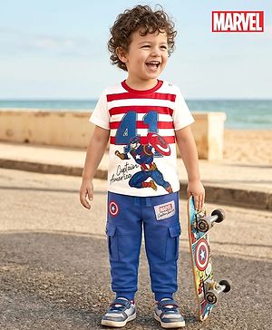 Babyhug Marvel Single Jersey Knit Half Sleeves T-Shirt & Lounge Pant Set with Captain America Graphic - Navy Blue
