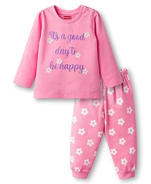 Babyhug Cotton Knit Full Sleeves Night Suit With Floral Print - Pink