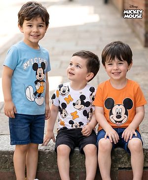 Babyhug Disney Single Jersey Knit Half Sleeves T-Shirts with Mickey Mouse Graphic Pack of 3 - Light Blue Orange & White