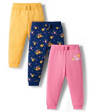 Babyhug Single Jersey Knit Full Length Lounge Pants with Floral Print & Bow Applique Pack of 3 - Multicolor