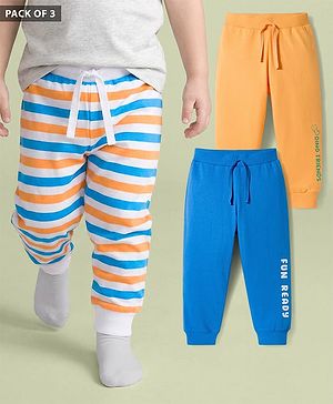 Babyhug Cotton Knit Full Length Striped & Fun Ready Printed Lounge Pants Pack of 3 - Multicolor