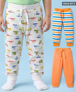 Babyhug Cotton Knit Full Length Striped & Car Printed Lounge Pants Pack of 3 - Multicolor