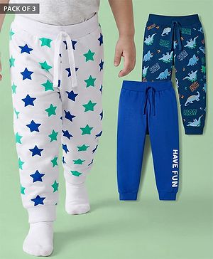 Babyhug Cotton Jersey Knit Full Length Lounge Pants with Dino & Star Print Pack of 3 - Multicolor