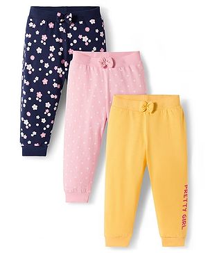 Babyhug Cotton Single Jersey Knit Full Length Lounge Pants with Polka Dotted Floral & Pretty Girl Print Pack of 3 - Yellow Pink & Navy Blue