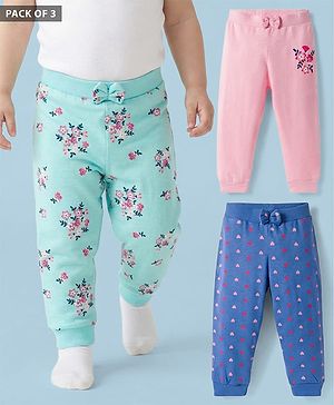 Babyhug Cotton Single Jersey Knit Full Length Lounge Pants with Hearts & Floral Print Pack of 3 - Blue Sea Green & Pink