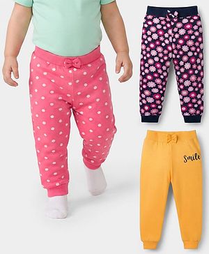 Babyhug Single Jersey Knit Full Length Lounge Pants With Floral & Polka Dot Print Pack of 3 - Multicolor