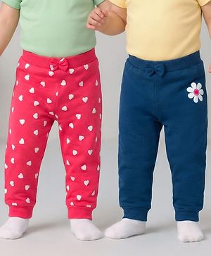 Babyhug Cotton Knit Full Length Heart & Floral Printed Lounge Pants With Bow Applique Pack of 2 - Multicolor