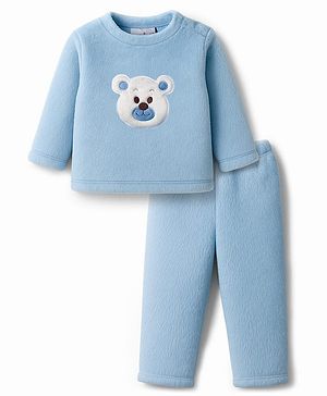 Babyhug Velour Cotton Knit Full Sleeves Winter Night Suit with Bear Design - Light Blue