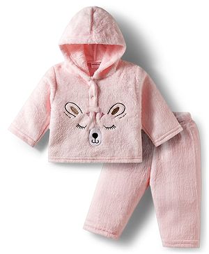 Babyhug Cotton Knit Full Sleeves Hooded Winter Wear Night Suit With Animal Face Embroidery - Pink
