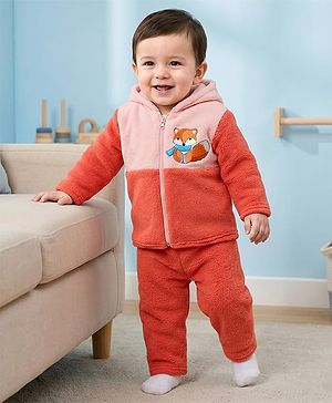 Babyhug Knit Full Sleeves Hooded Winter Night Suit With Animal Embroidery - Orange