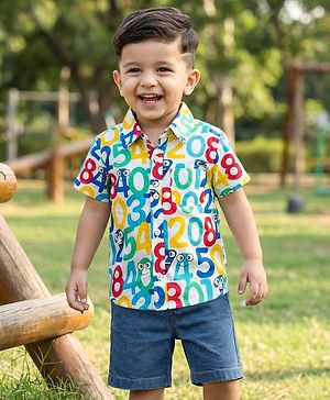 Babyhug Cotton Woven Half Sleeves Shirt & Denim Shorts Set With Numbers Print - Multicolor