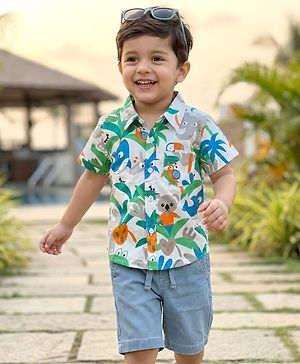 Babyhug Cotton Woven Half Sleeves Shirt & Denim Shorts Set With Animals Print - Multicolor